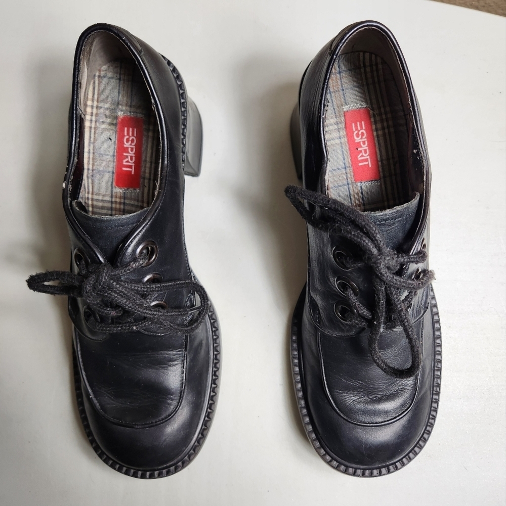 Esprit Womens |8.5| VTG Y2K Black Leather Chunky Block Heel Oxford Lace Up Shoes - Picture 4 of 10